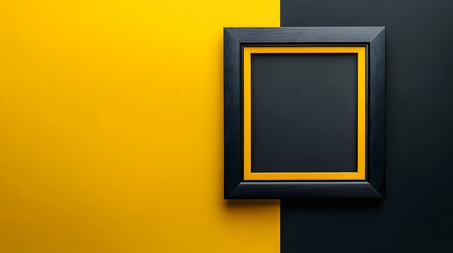 Minimalist black and yellow background with an empty picture frame for text design, a perfect mockup for advertising or branding design 