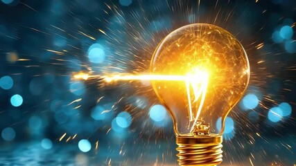Flash sale promotion with illuminated light bulb and electric spark on blue bokeh background