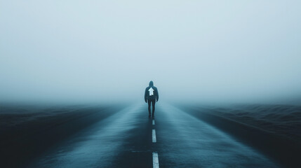 Single figure walking in fog with charity logo on their back