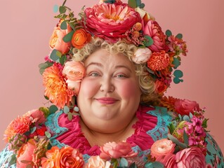 Joyful woman with flowers on pink background