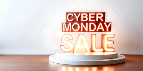 Floating Percentage Symbol and Glowing Cyber Monday Sale Banner on Dynamic Podium with Copy Space for Retail and Ecommerce Promotions - Close-Up Concept Photo