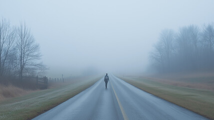Single figure walking in fog with charity logo on their back