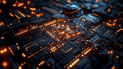 Obraz premium Abstract quantum computer array, intricate tech design, glowing cybernetic circuits, fusion of light and dark colors, future tech art
