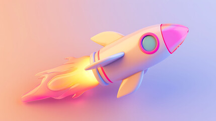 Colorful 3D Rocket Icon in Flight with Gradient Background