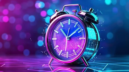 Vibrant flash sale concept with neon alarm clock and bokeh lights for promoting discounts