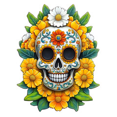 Day of the dead skull surrounded by flowers