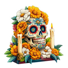 Day of the dead skull with flowers and candles, vibrant art