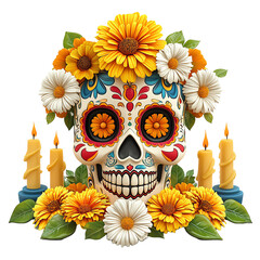 Day of the dead skull adorned with flowers, isolated.