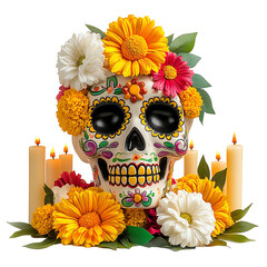 Day of the dead skull with flowers and candles