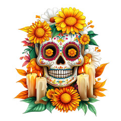 Day of the dead skull with flowers and candles