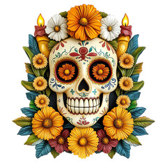 Day of the dead skull with flowers and candles, isolated