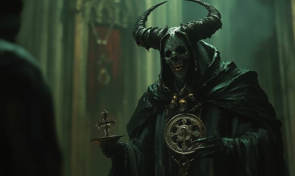 Horrific demon with horns, holding a cross and a wheel.
