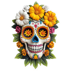 Day of the dead skull adorned with vibrant flowers.