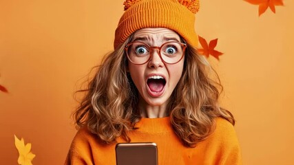 Excited woman in orange outfit with smartphone experiencing autumn flash sale - Powered by Adobe