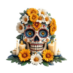 Day of the dead skull adorned with flowers and candles.