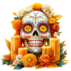Day of the dead skull adorned with flowers and candles