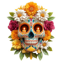 Day of the dead sugar skull with floral decorations.