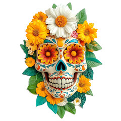 Day of the dead skull adorned with flowers, isolated.