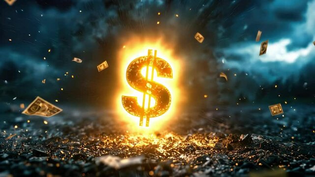 Dynamic flash sale concept with glowing dollar symbol and flying money