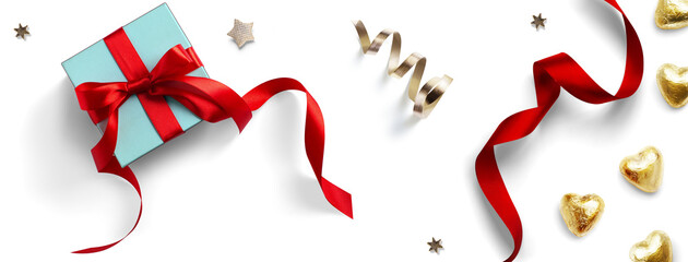 Design elements for Christmas background. Christmas gift box and Golden candies and red ribbon on transparent background, flat lay, clipping path, real soft transparent shadow. PNG