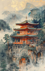 Obraz premium Chinese traditional ancient architecture art illustration