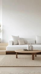Minimalist Living Room Interior Design with White Sofa and Wooden Coffee Table