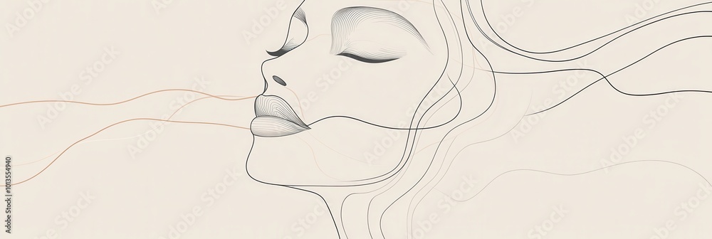 Poster soft, flowing lines elegantly form the outline of a female face, evoking a sense of tranquility and 