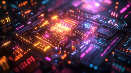 Obraz premium An abstract quantum computing circuit glowing with neon hues, intricate metallic patterns interweaving, set against a sleek digital cosmos