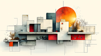 Abstract Geometric Composition with Sun and Trees