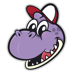 Purple Dinosaurs Head cartoon characters, wearing baseball hat. Best for sticker, logo, and mascot with prehistoric themes for kids