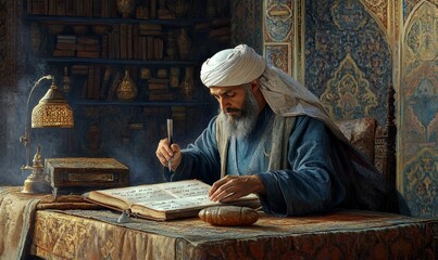 Man studies ancient book in ornate room.