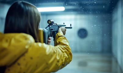 Person aiming rifle at target in room.