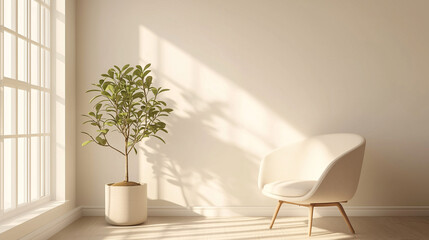 Fototapeta premium A modern, neutral-toned room with only a single plant placed in the corner, emphasizing simplicity and natural light