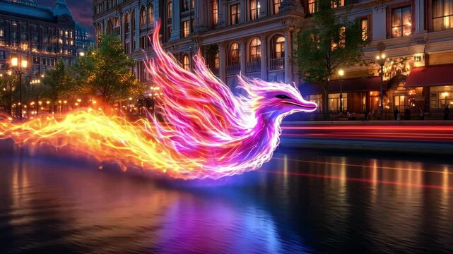 Dynamic flash sale concept with fiery phoenix in urban night scene for marketing campaigns
