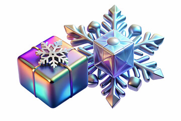 Fototapeta premium Futuristic Floating Holographic Snowflake and Glowing Gift Box with Ample Copy Space for Winter-Themed Photo Stock Concept on White Background