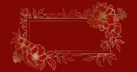 Luxury floral red background with frame with golden peony flowers in line art style. Floral pattern for Chinese New Year. Vector for card, banner, wedding invitation, cover, wallpaper, packaging © Feodora_21