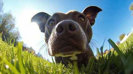 A curious dog with pointy ears and soulful eyes peering into the camera lens, taken from a low angle amidst vibrant green grass on a sunny day.