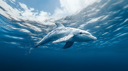 A dolphin swimming in the ocean with blue water and a bright sky above.