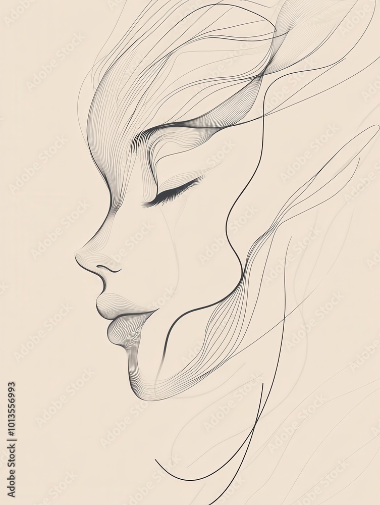 Poster a captivating outline of a female face emerges with flowing lines, embodying a graceful and tranquil
