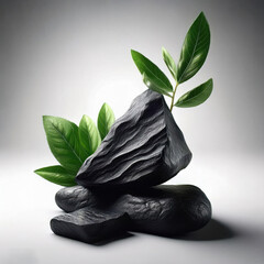 Shilajit stones are elegantly set among bright green ashwagandha leaves on a white background, epitomizing its natural origin and beneficial properties.