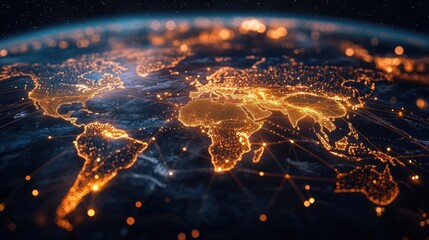 Glowing lines connecting points across a digital map, illustrating global technological and communication networks.