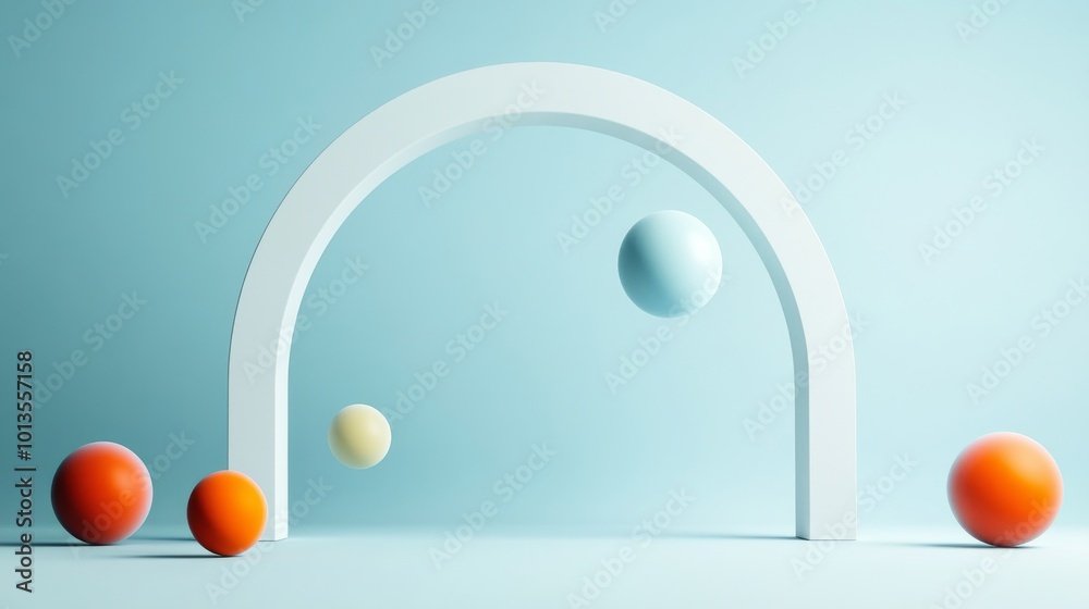 Poster abstract composition with colorful spheres and white arch on blue background