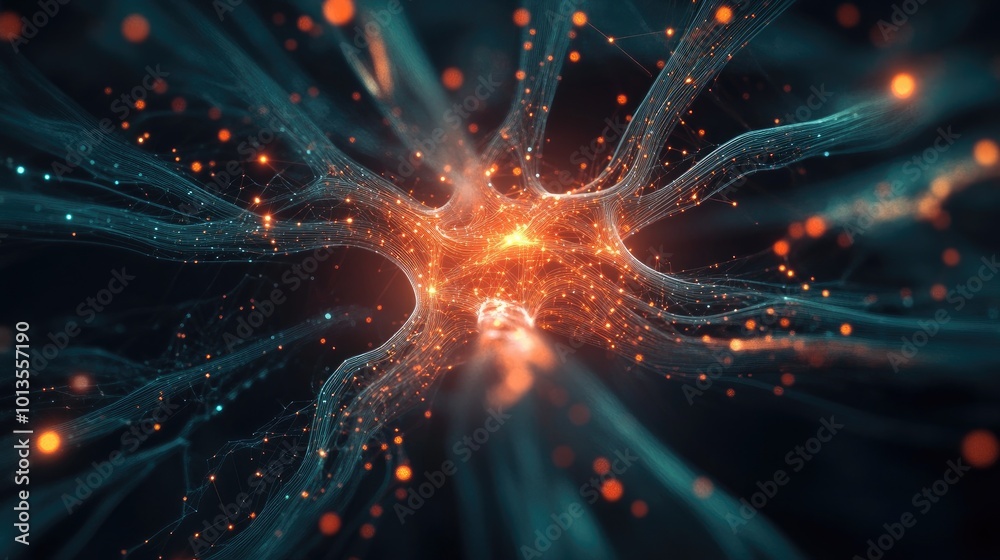 Poster high-resolution abstract tech design with interconnected nodes and circuit-like patterns, symbolizin