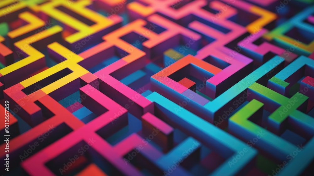 Poster high-resolution geometric pattern with fine, sharp lines creating a maze-like structure in bright co