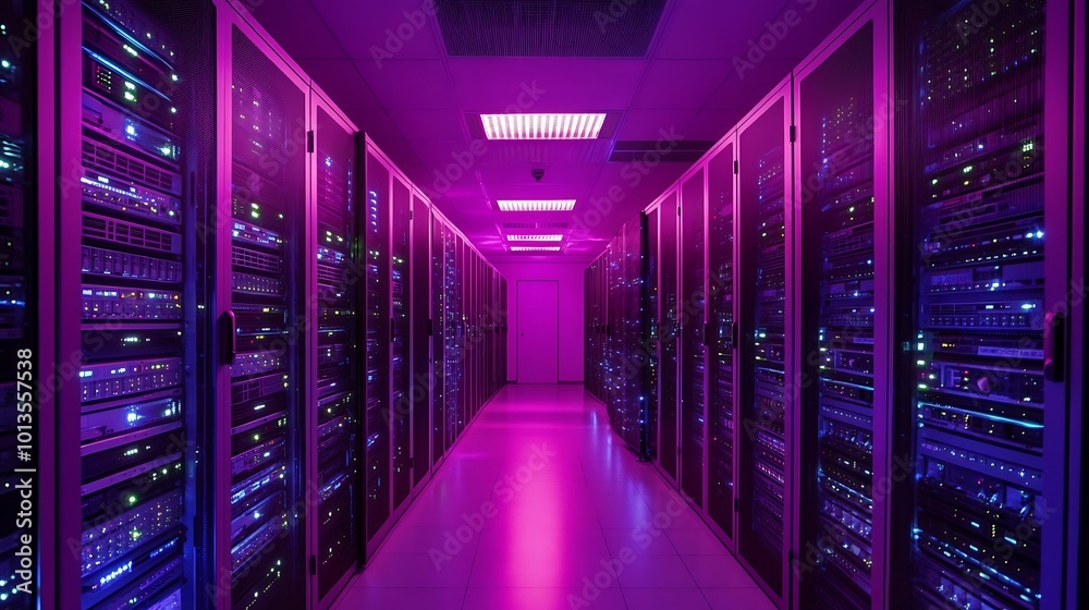 Poster A long hallway lined with server racks, illuminated by a soft pink light.