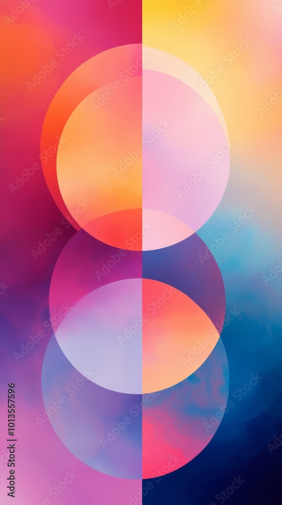 Poster abstract geometric composition with vibrant circular gradients and colorful background