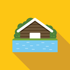 Minimalist vector illustration featuring a wooden boathouse situated on the bank of a tranquil lake, rendered in a flat design style