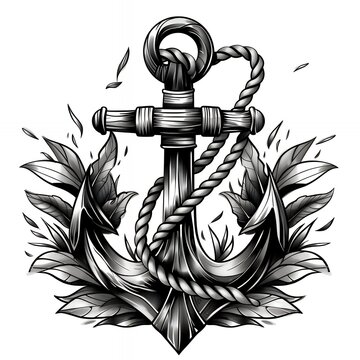 recommend clip art: A detailed illustration of a nautical anchor wrapped with a rope, surrounded by stylized leaves.