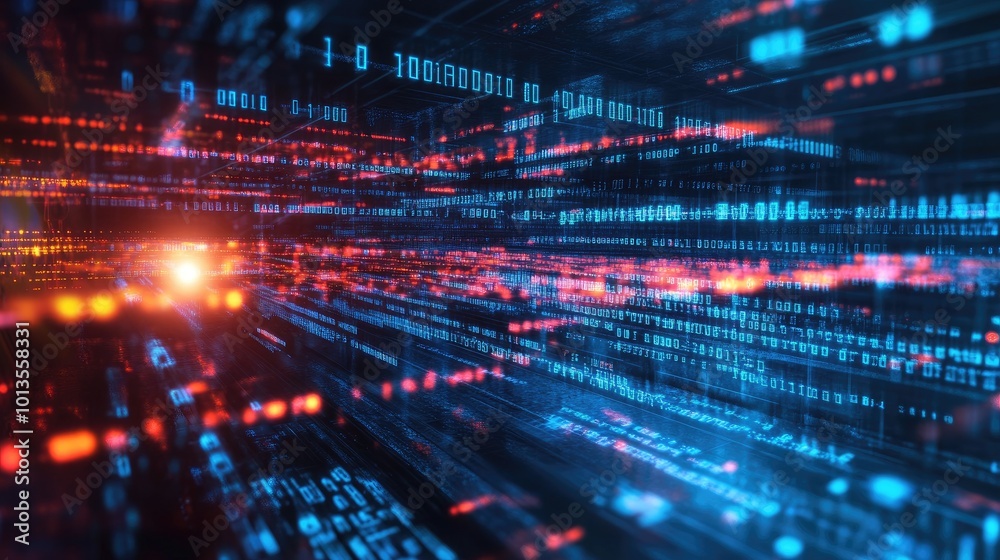 Poster a digital landscape with streams of binary code and light beams connecting multiple data centers, sy