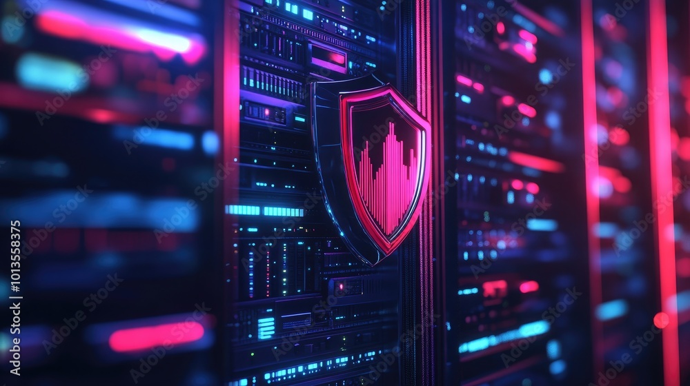 Poster a digital shield protecting a network of servers and computers, symbolizing cybersecurity and secure